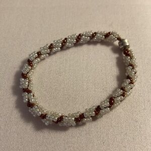 NWOT - White and Copper Coloured Twisted Design Beaded Magnetic Clasp Bracelet